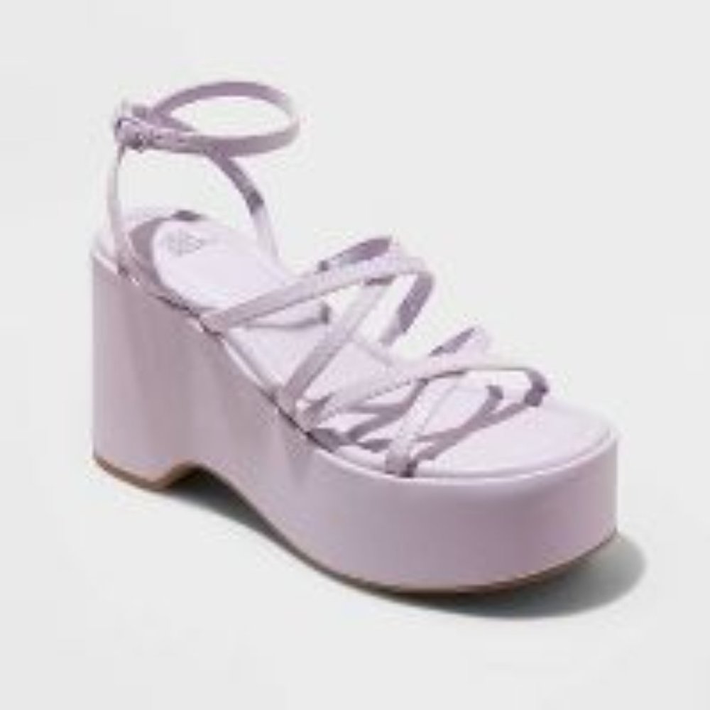 Platform Strappy Ankle-Wrap Sandal in Lilac
